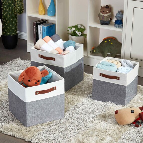 DECOMOMO faltbare Aufbewahrungskorb | robuster Stoffkorb mit Griffen für die Organisation von Regal, Kinderzimmer, Spielzeug, Schrank (Gray and white, 30.5cm – 4 Stück)