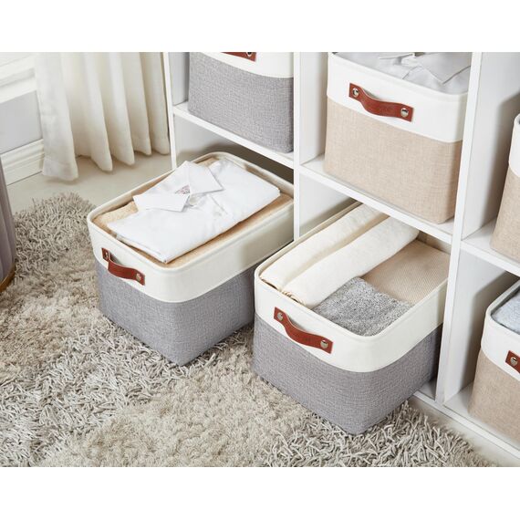 DECOMOMO Faltbarer Aufbewahrungskorb | stabiler Stoffkorb mit Griffen für die Organisation von Regal, Kinderzimmer, Spielzeugschrank (grau und weiß, extra groß, 40,1 x 31,8 25,4 cm – 4 Stück