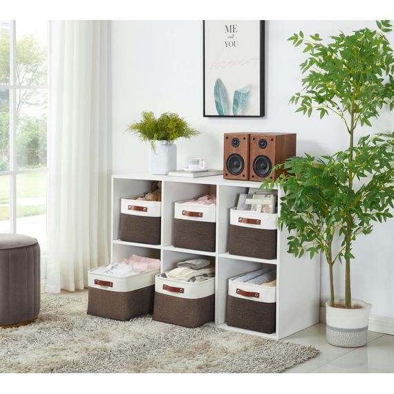 DECOMOMO faltbare Aufbewahrungskorb | robuster Stoffkorb mit Griffen für die Organisation von Regal, Kinderzimmer, Spielzeug, Schrank (Braun und Weiß, groß–3 Stück)