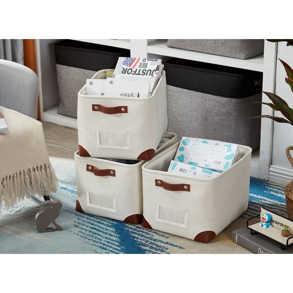 DECOMOMO Faltbarer Aufbewahrungskorb mit Etikettenhalter, stabiler kationischer Stoff-Aufbewahrungskorb Griffen für die Organisation von Regal, Kinderzimmer, Zuhause, Schrank, (cremeweiß, groß – 15