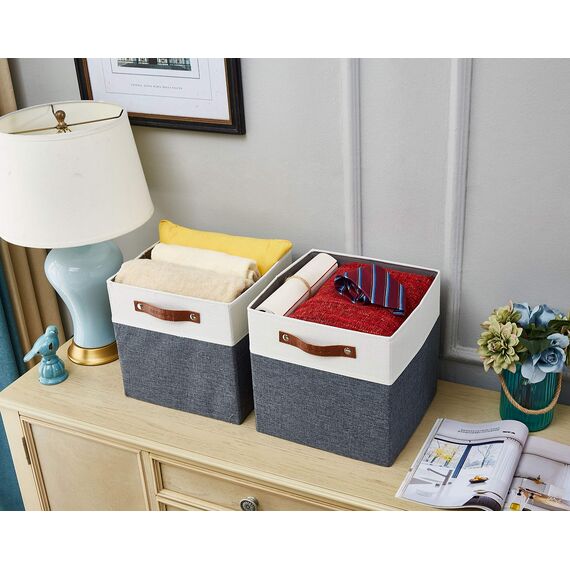 DECOMOMO faltbare Aufbewahrungskorb | robuster Stoffkorb mit Griffen für die Organisation von Regal, Kinderzimmer, Spielzeug, Schrank (Slate gray and white, 28cm – 4 Stück)