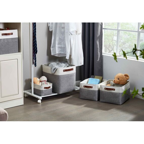 DECOMOMO faltbare Aufbewahrungskorb | robuster Stoffkorb mit Griffen für die Organisation von Regal, Kinderzimmer, Spielzeug, Schrank (Grau und Weiß, Extra groß–3 Stück)
