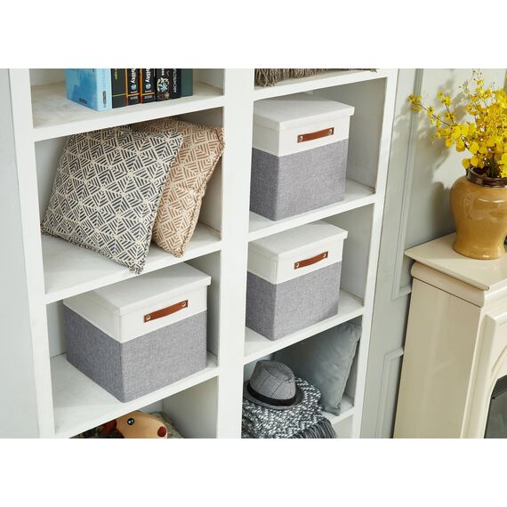 DECOMOMO Aufbewahrungsboxen mit Deckel, Aufbewahrungswürfel, 33 x 33 x 33 cm, Stoff-Organizer, Aufbewahrung für Kleiderschrank, Spielzeug, Regale, Büro, Zuhause und Kinderzimmer (Grau und Weiß