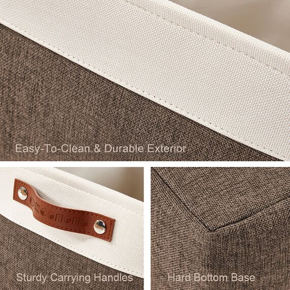 DECOMOMO Faltbarer Aufbewahrungskorb | Faltbarer stabiler Stoffkorb mit Griffen für die Organisation von Regal, Kinderzimmer, Spielzeugschrank (braun und weiß, extra groß – 15,8 x 12,5 x 10–3 Stück)