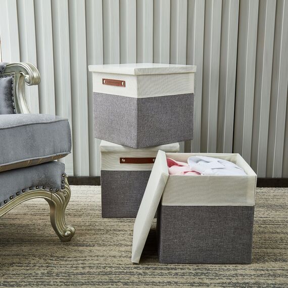 DECOMOMO Aufbewahrungsboxen mit Deckel, Aufbewahrungswürfel, 33 x 33 x 33 cm, Stoff-Organizer, Aufbewahrung für Kleiderschrank, Spielzeug, Regale, Büro, Zuhause und Kinderzimmer (Grau und Weiß