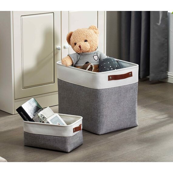 DECOMOMO Faltbarer Aufbewahrungskorb | stabiler kationischer Stoff-Aufbewahrungskorb mit Griffen für die Organisation von Regal, Kinderzimmer, Zuhause, Schrank (grau und weiß, Jumbo) – 3 Stück