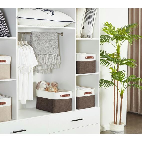 DECOMOMO Faltbarer Aufbewahrungskorb | Faltbarer stabiler Stoffkorb mit Griffen für die Organisation von Regal, Kinderzimmer, Spielzeugschrank (braun und weiß, groß – 4 Stück)