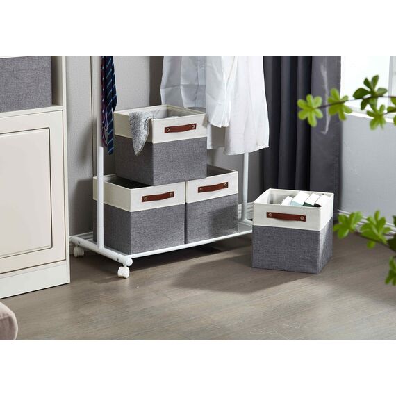 DECOMOMO faltbare Aufbewahrungskorb | robuster Stoffkorb mit Griffen für die Organisation von Regal, Kinderzimmer, Spielzeug, Schrank (Gray and white, 28cm – 4 Stück)