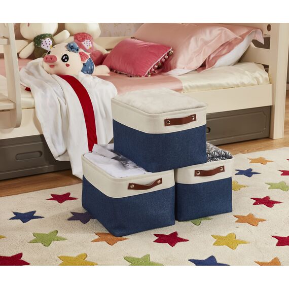 DECOMOMO faltbare Aufbewahrungskorb | robuster Stoffkorb mit Griffen für die Organisation von Regal, Kinderzimmer, Spielzeug, Schrank (Marineblau und Weiß, groß–3 Stück)