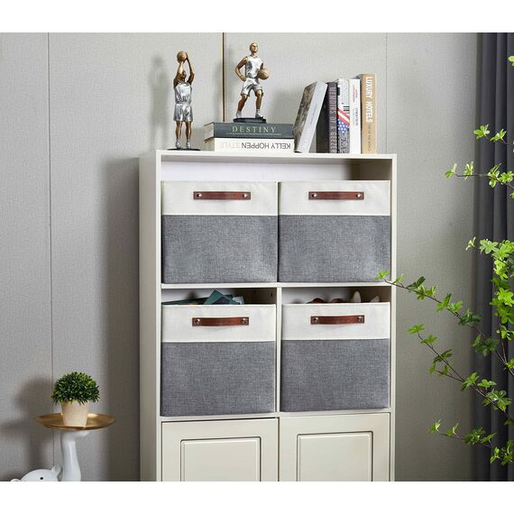 DECOMOMO faltbare Aufbewahrungskorb | robuster Stoffkorb mit Griffen für die Organisation von Regal, Kinderzimmer, Spielzeug, Schrank (Gray and white, 33cm – 4 Stück)