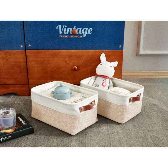 DECOMOMO Faltbarer Aufbewahrungskorb aus robustem kationischem Stoff, würfelförmig, mit Griffen, für die Organisation von Regal, Schrank (beige und weiß, klein – 30 x 20 x 15 cm – 6 Stück)