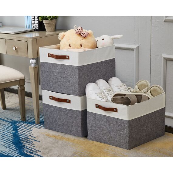 DECOMOMO Cubby Aufbewahrungskörbe | 33 x 38,1 x 33 cm Stoff-Aufbewahrungswürfel für Kallax Regale, Stoff, Kinderzimmer, dekorativ mit Griffen (Grau und Weiß, 33 x 38,1 x 33 cm, 3P)