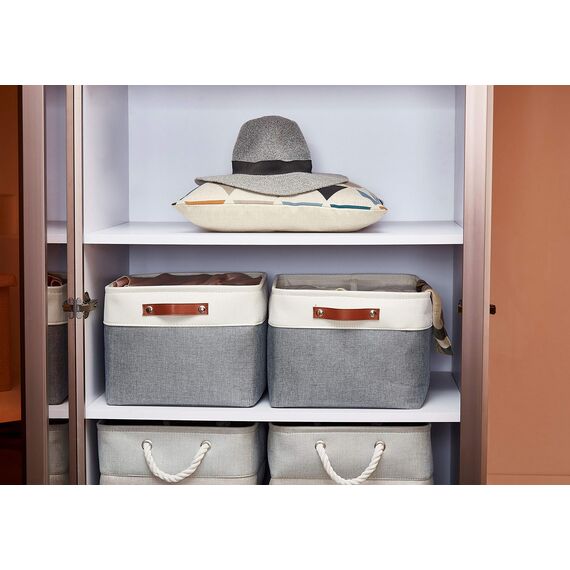 DECOMOMO faltbare Aufbewahrungskorb | robuster Stoffkorb mit Griffen für die Organisation von Regal, Kinderzimmer, Spielzeug, Schrank (Schiefergrau und Weiß, Extra groß–3 Stück)