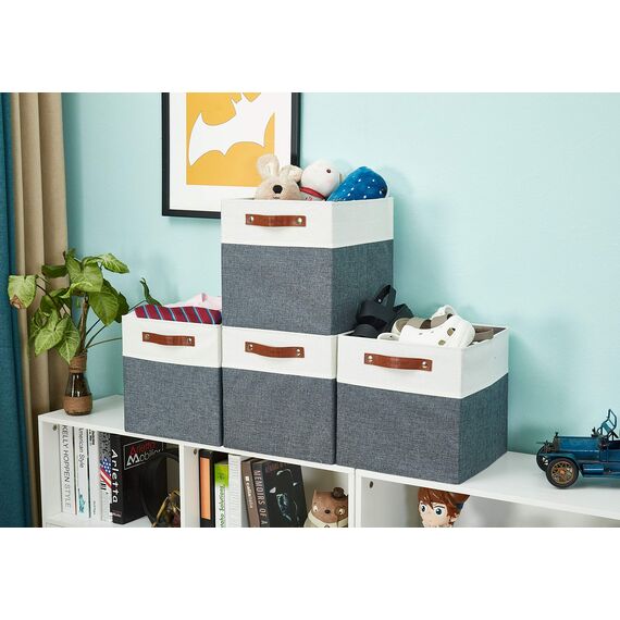 DECOMOMO faltbare Aufbewahrungskorb | robuster Stoffkorb mit Griffen für die Organisation von Regal, Kinderzimmer, Spielzeug, Schrank (Slate gray and white, 28cm – 4 Stück)