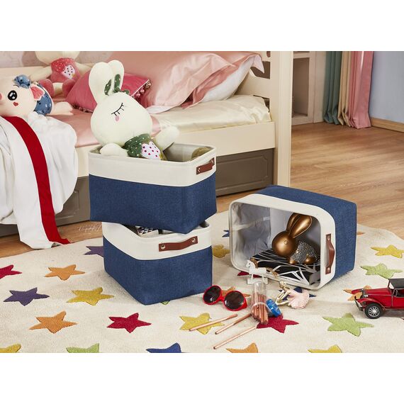 DECOMOMO faltbare Aufbewahrungskorb | robuster Stoffkorb mit Griffen für die Organisation von Regal, Kinderzimmer, Spielzeug, Schrank (Marineblau und Weiß, Extra groß–3 Stück)