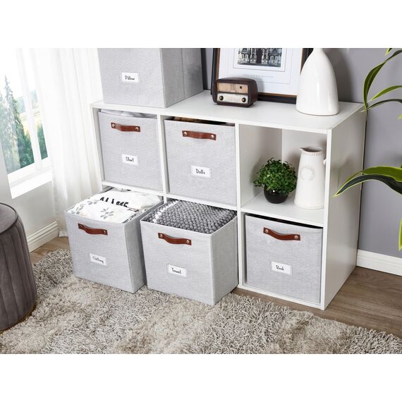 DECOMOMO Aufbewahrungswürfel | Stoff-Aufbewahrungswürfel mit Etikettenhaltern, 33 x 33 x 33 cm, 6 Stück, hellgrau strukturiert, Karton, perfekt für Regale, Schrank, Spielzeug, Kleidung