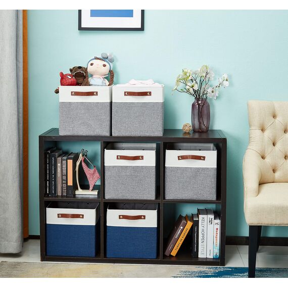 DECOMOMO faltbare Aufbewahrungskorb | robuster Stoffkorb mit Griffen für die Organisation von Regal, Kinderzimmer, Spielzeug, Schrank (Gray and white, 28cm – 4 Stück)