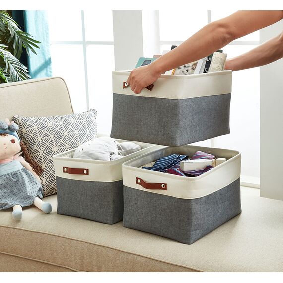 DECOMOMO faltbare Aufbewahrungskorb | robuster Stoffkorb mit Griffen für die Organisation von Regal, Kinderzimmer, Spielzeug, Schrank (Schiefergrau und Weiß, Extra groß–3 Stück)