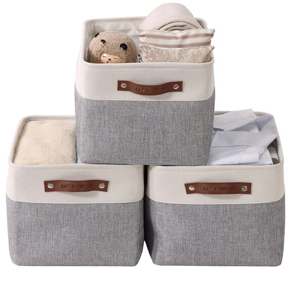 DECOMOMO faltbare Aufbewahrungskorb | robuster Stoffkorb mit Griffen für die Organisation von Regal, Kinderzimmer, Spielzeug, Schrank (Grau und Weiß, Extra groß–3 Stück)