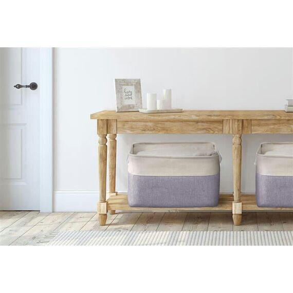 DECOMOMO Faltbarer Aufbewahrungskorb | Faltbarer stabiler Stoffkorb mit Griffen für die Organisation von Regal, Kinderzimmer, Spielzeugschrank (lila und weiß, groß – 3 Stück)