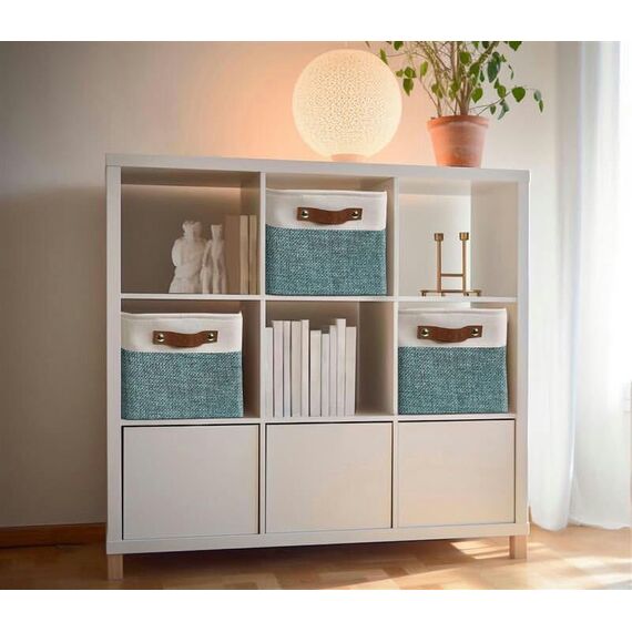 DECOMOMO Faltbarer Aufbewahrungskorb | Stabiler kationischer Stoff-Aufbewahrungskorb mit Griffen für die Organisation von Regal, Kinderzimmer, Zuhause, Schrank, Büro (grün und weiß, groß–3 Stück)