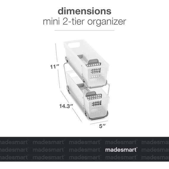 Madesmart 2-Tier Plastic Mini Multipurpose Organizer with Divided Slide-Out Storage Bins, Compact Under Sink and Cabinet Organizer Rack, Frost