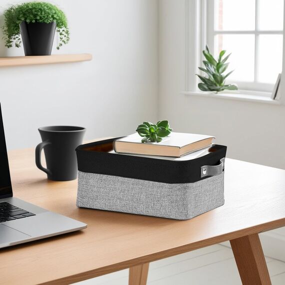 DECOMOMO Kleine Körbe, Aufbewahrungskörbe für die Organisation von Regalen, Wäscheschrank, Badezimmer, Babysachen, Kinderzimmer, Stoff, dekorative leere Körbe für Geschenke, Grau und Schwarz, Klein,