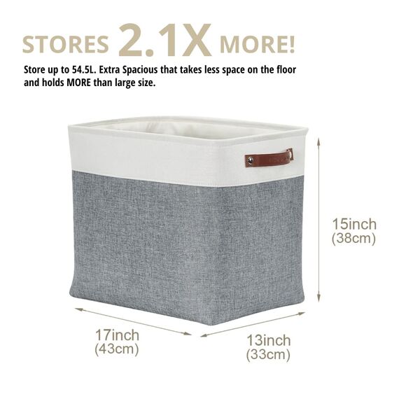 DECOMOMO Faltbarer Aufbewahrungskorb | stabiler kationischer Stoff-Aufbewahrungskorb mit Griffen für die Organisation von Regal, Kinderzimmer, Zuhause, Schrank (schiefergrau und weiß, Jumbo) – 3 Stück