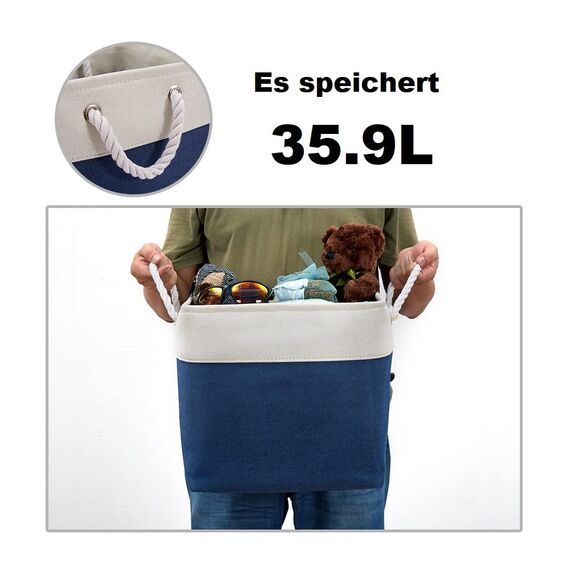 DECOMOMO faltbare Aufbewahrungskorb | robuster Stoffkorb mit Griffen für die Organisation von Regal, Kinderzimmer, Spielzeug, Schran ( Marineblau und Weiß, 33cm - 3er Pack)