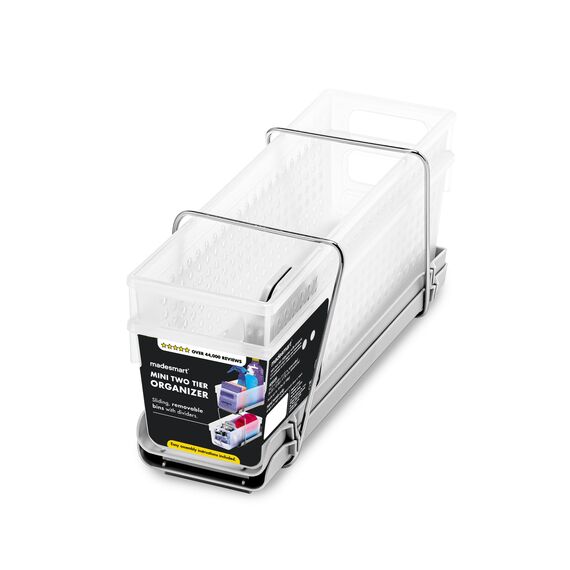 Madesmart 2-Tier Plastic Mini Multipurpose Organizer with Divided Slide-Out Storage Bins, Compact Under Sink and Cabinet Organizer Rack, Frost