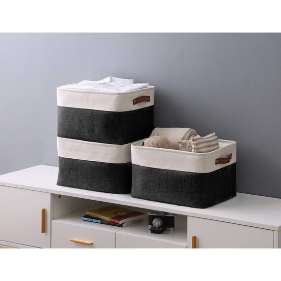 DECOMOMO faltbare Aufbewahrungskorb | robuster Stoffkorb mit Griffen für die Organisation von Regal, Kinderzimmer, Spielzeug, Schrank (Schwarz und Weiß, groß–3 Stück)