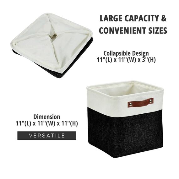 DECOMOMO Faltbarer Aufbewahrungskorb | stabiler kationischer Stoff-Aufbewahrungskorb mit Griffen für die Organisation von Regal, Kinderzimmer, Zuhause, Schrank (schwarz und weiß, Würfel – 11 x 11–4