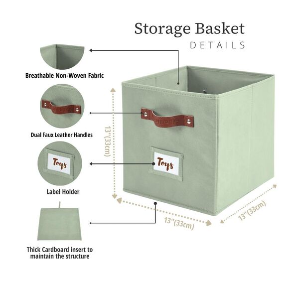 DECOMOMO Aufbewahrungswürfel, 33 x 33 x 33 cm, Aufbewahrungswürfel mit Etiketten, Stoff-Organizer (33 cm, 6 Stück, Salbeigrün)