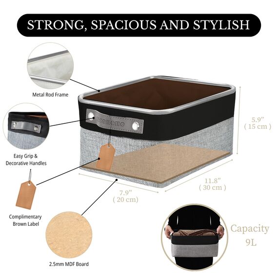 DECOMOMO Kleine Körbe, Aufbewahrungskörbe für die Organisation von Regalen, Wäscheschrank, Badezimmer, Babysachen, Kinderzimmer, Stoff, dekorative leere Körbe für Geschenke, Grau und Schwarz, Klein,