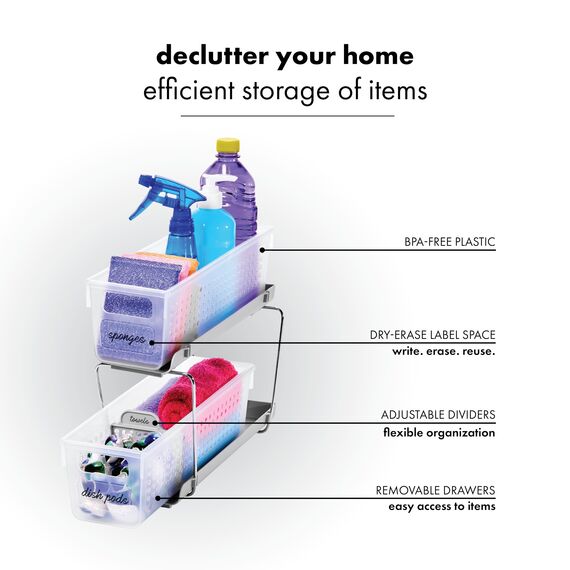 Madesmart 2-Tier Plastic Mini Multipurpose Organizer with Divided Slide-Out Storage Bins, Compact Under Sink and Cabinet Organizer Rack, Frost