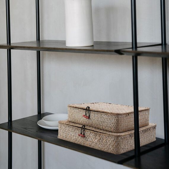 Rechteckig Rattankorb Aufbewahrung korb Natürliches Gewebt Seegras Regalkörbe mit Deckel 2 Stück (Weißwäsche Groß + Klein)