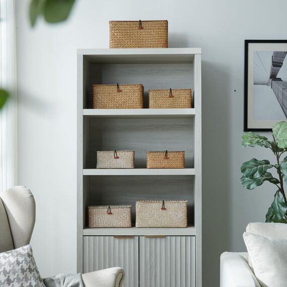 Seegras Aufbewahrungskorb mit Deckel, 4er Set – Rechteckige geflochtene Körbe aus Naturmaterial, Aufbewahrungsboxen in Weiß, dekorative Rattanstil Körbe