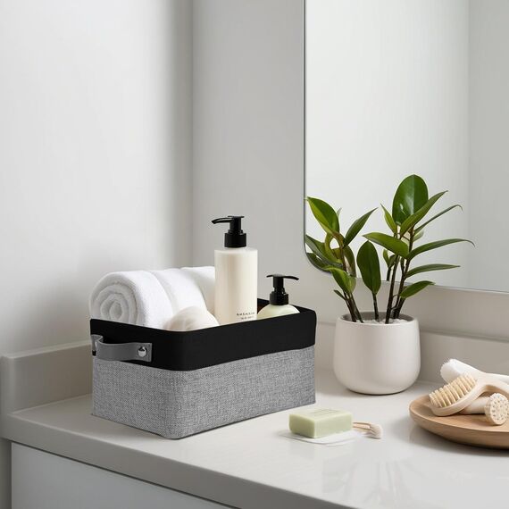 DECOMOMO Kleine Körbe, Aufbewahrungskörbe für die Organisation von Regalen, Wäscheschrank, Badezimmer, Babysachen, Kinderzimmer, Stoff, dekorative leere Körbe für Geschenke, Grau und Schwarz, Klein,