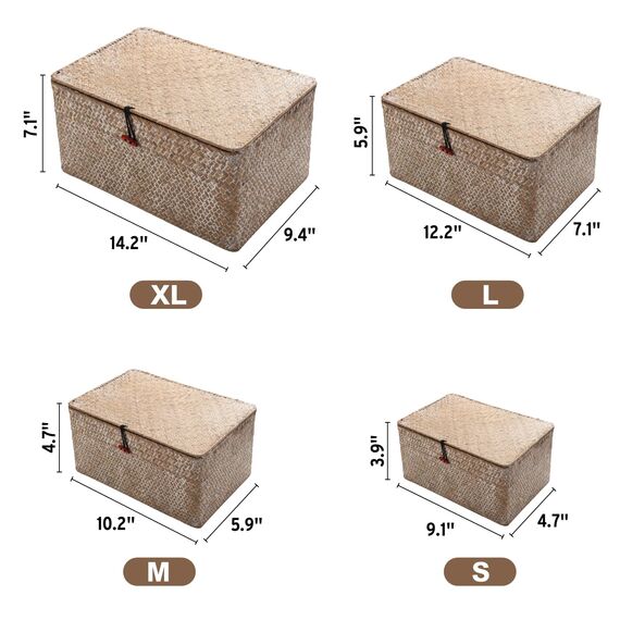 Seegras Aufbewahrungskorb mit Deckel, 4er Set – Rechteckige geflochtene Körbe aus Naturmaterial, Aufbewahrungsboxen in Weiß, dekorative Rattanstil Körbe