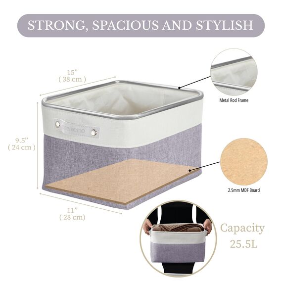 DECOMOMO Faltbarer Aufbewahrungskorb | Faltbarer stabiler Stoffkorb mit Griffen für die Organisation von Regal, Kinderzimmer, Spielzeugschrank (lila und weiß, groß – 3 Stück)