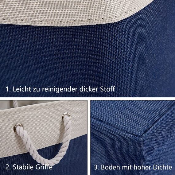 DECOMOMO faltbare Aufbewahrungskorb | robuster Stoffkorb mit Griffen für die Organisation von Regal, Kinderzimmer, Spielzeug, Schran ( Marineblau und Weiß, 33cm - 3er Pack)