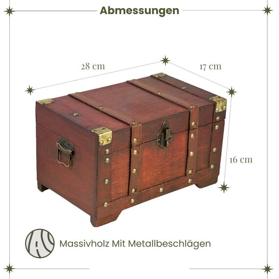 Brynnberg Schatztruhe groß mit Schloss 28x17x16cm Koffertruhe Holztruhe Schatzkiste Vintage-Look Piraten Schatzsuche Holz massiv braun Kolonialstil Schatulle Bauernkasse Holz Piratentruhe Geldtruhe