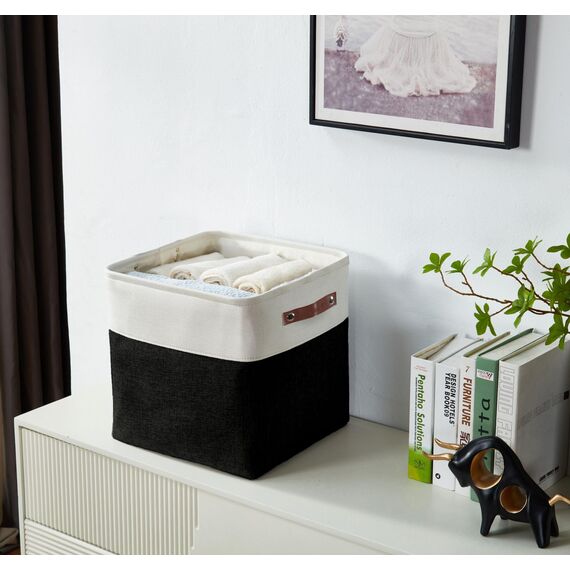 DECOMOMO Faltbarer Aufbewahrungskorb | stabiler kationischer Stoff-Aufbewahrungskorb mit Griffen für die Organisation von Regal, Kinderzimmer, Zuhause, Schrank (schwarz und weiß, Würfel – 11 x 11–4