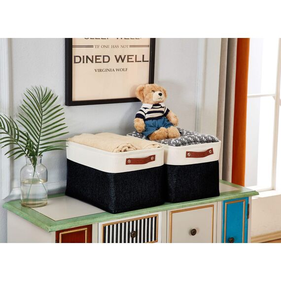 DECOMOMO faltbare Aufbewahrungskorb | robuster Stoffkorb mit Griffen für die Organisation von Regal, Kinderzimmer, Spielzeug, Schrank (Schwarz und Weiß, groß–3 Stück)