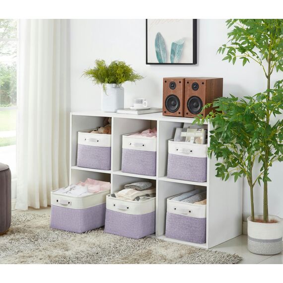 DECOMOMO Faltbarer Aufbewahrungskorb | Faltbarer stabiler Stoffkorb mit Griffen für die Organisation von Regal, Kinderzimmer, Spielzeugschrank (lila und weiß, groß – 3 Stück)