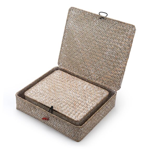 Rechteckig Rattankorb Aufbewahrung korb Natürliches Gewebt Seegras Regalkörbe mit Deckel 2 Stück (Weißwäsche Groß + Klein)