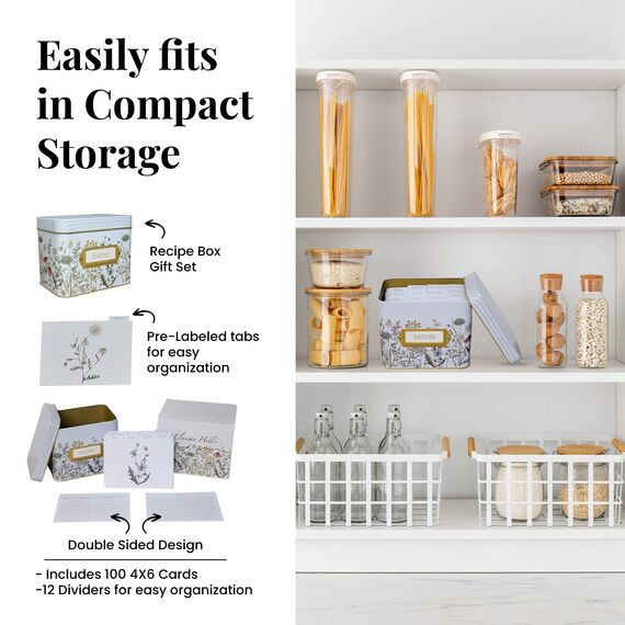 SENSORY4U Rezeptbox aus Blech mit Karten – Wildblumen-Druck – inklusive 100 Karten im Format 10 x 15 cm und 12 Trennblätter – schöne dekorative Blechdose Blumengeschenk