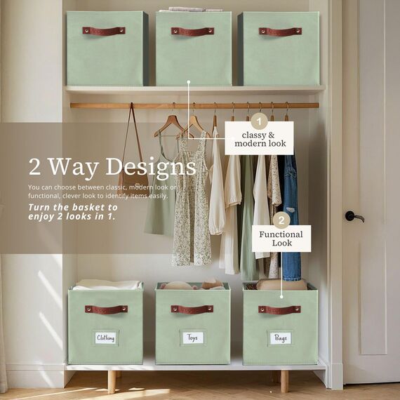 DECOMOMO Aufbewahrungswürfel, 33 x 33 x 33 cm, Aufbewahrungswürfel mit Etiketten, Stoff-Organizer (33 cm, 6 Stück, Salbeigrün)