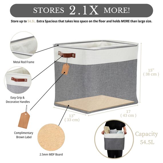 DECOMOMO Faltbarer Aufbewahrungskorb | stabiler kationischer Stoff-Aufbewahrungskorb mit Griffen für die Organisation von Regal, Kinderzimmer, Zuhause, Schrank (schiefergrau und weiß, Jumbo) – 3 Stück