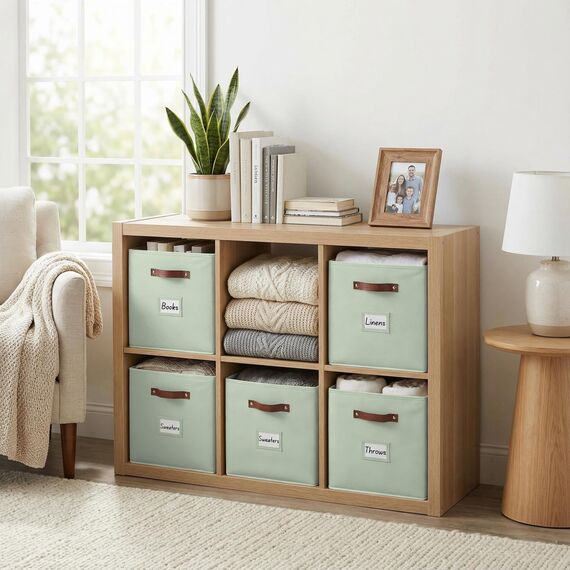 DECOMOMO Aufbewahrungswürfel, 33 x 33 x 33 cm, Aufbewahrungswürfel mit Etiketten, Stoff-Organizer (33 cm, 6 Stück, Salbeigrün)